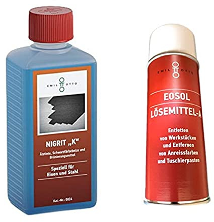 Brünier-Profi-Set : 500 g Schwarzfärbe-Schnellbeize NIGRITK, Kaltbrünieren - Schwarzfärben von Eisen u. Stahl + 400 ml Lösemittel A in Spraydose zum Säubern u. Entfetten