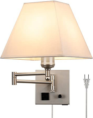 Plug in Wall Light,Swing Arm Wall Sconces with USB Port and Outlet,Wall Lamp with White Fabric Shade Dimmable Switch for Bedroom, Living Room , Office Nickel