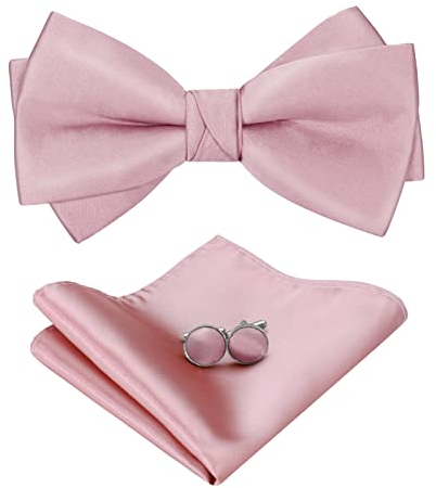 HOULIFE Ensemble nœud papillon pour homme – Nœud papillon réglable en satin polyester pré-noué, mouchoir uni, boutons de manchette pour marié, mariage formel avec boîte cadeau, Rose, 11.5x6cm