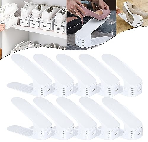 YUENFONG Einstellbare Schuhregale 10 Stück Verstellbarer Schuhhalter, 3 höhenverstellbar rutschfest Kunststoff Schuhstapler, für Schuh-Organizer Schrank Regal, Weiß