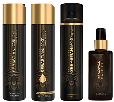 SEBASTIAN PROFESSIONAL DARK OIL Vorteils-Set – Haarpflege mit Arganöl – Shampoo (250 ml), pflegendem Conditioner (250 ml), duftendem Haarspray (200 ml) & nährendem Haaröl (95 ml) – Pflege & Duft