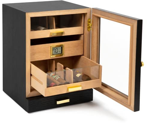 CASE ELEGANCE Luca Humidorschrank, groß, Zigarrenaufbewahrung für 80–100 Zigarren, sattes schwarzes Eschenholz, digitales Hygrometer, spanische Zeder, Humidorlösung – schwarz