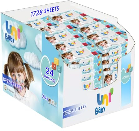 Uni Baby Feuchttücher Box für 24+ Monate, 1728 Tücher (24 Packungen x 72), Feuchttücher für aktive Kinder, Dermatologisch Getestet, Wiederverschließbar, 0% Alcol, ohne SLS, SLES & Paraben, pH Wert