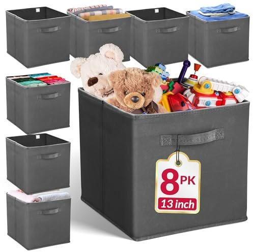 Reli. 13x13x13 Storage Cube Bins (8 Pack) | Large Cube Organizer Bins | 13x13 Fabric Storage Boxes | Fits Kallax | Collapsible, Foldable Fabric Cubby Box (Square) | Kids Room Organization (Dark Gray)
