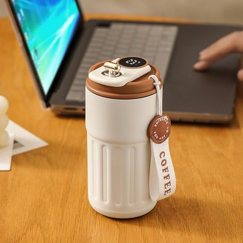Flask with Temperature Display, 450ml Insulated Coffee Cup, Smart LED Touch Screen, Stainless Steel Travel Mug, 12 Hours Cold/Warm, Leakproof Thermal Flask for Office, Camping & Outdoor