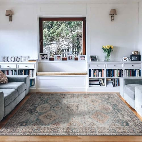 TALETA Waschbarer Teppich Wohnzimmer 160 x 230, Kurzflor Teppiche Vintage Orientalischer-Teppich Groß für Wohnzimmer, Schlafzimmer, Küchen, Esszimmer, Büro - grün 160 x 230 cm