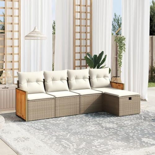 Rantry 5-TLG. Gartensofa Set mit Kissen Gartenlounge Loungesofa Gartenmöbel Balkonmöbel Ecklounge Ecksofa Sitzgruppe Loungemöbel für Garten Terrasse und Balkon Beige Poly Rattan