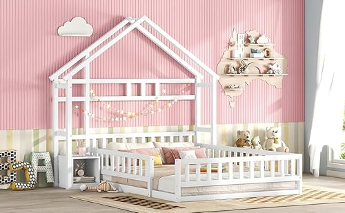 WIZBED Kinderbett Hausbett 140x200 mit Nachttischen und Rausfallschutz Bodenbett Bett Flachbetten für Jungen & Mädchen, ohne Matratze