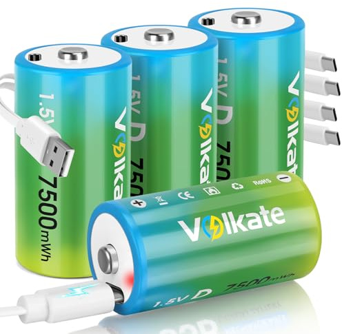 volkate Rechargeable D Cell Batteries 4 Pack, 1.5V 7500mwh Lithium LR20 Battery D Size with USB-C Charging Cable, for Flashlight, Toy, Radio