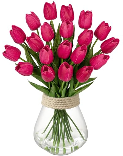 Briful 20PCS Artificial Tulips Real Touch Hot Pink Artificial Flowers Bulk Fake Tulips PU Latex Material Faux Flowers Wedding Bouquet for Garden Party Home Decoration