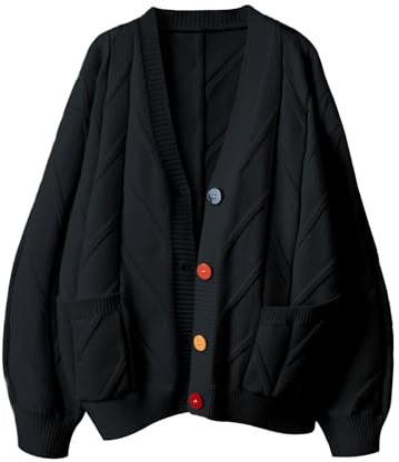 Cardigan à manches longues en maille côtelée, ouvert sur le devant, col en V, boutons et broderie, en mélange de laine, pour femme, Noir Z, XX-Large