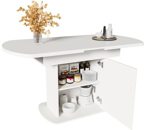 Moderner Esstisch Ausziehbar mit Tür und Stauraum, Oval Großer Tisch Küchentisch Esszimmertisch Holztisch Speisetisch Für 4 Personen, 110-130 × 70 × 75cm, Platzsparend (Weißer + Goldener Griff)