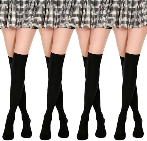 PanAcratis 4 Pairs Black Knee High Socks for Women, Thigh High Socks over The Knee Socks Long Socks Women for Womens Daily Wear Over Leg Warmers Fashion Cotton