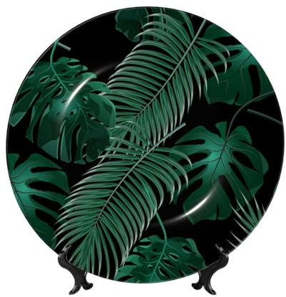ESNAIUVCD Assiette décorative en porcelaine anglaise avec motif feuille de bananier - Assiettes rondes imprimées avec présentoir