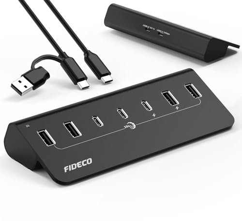 FIDECO Hub USB Alimenté, 7 Ports USB 3.2 Gen 2, Hub de Données Rapide 10 Gbit/s, Répartiteur D'extension USB Tout en Aluminium avec Adaptateur Aecteur 5 V 3 A