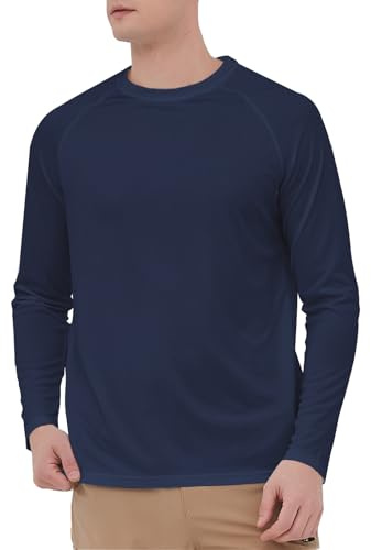 HYCOPROT Camiseta UV Hombre Camisa de Manga Larga UPF 50+ Protección Solar Camisetas Secado Rashguard Rápido Transpirable para Natación Pesca Verano (Azul Marino, L)