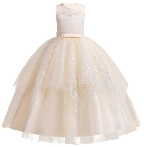 IWEMEK Enfant Fille Robe Ceremonie Mariage Longue Carnaval Tutu sans Manches Robes Bapteme de Communion d'anniversaire du Soir Communion Anniversaire Fête Robe de Mariée
