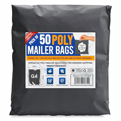 G4GADGET 50x Grey Mailing Bags 13x19 Inch | Heavy Duty Postage Bags for Parcels | Self Seal Waterproof Plastic Shipping Bags for Vinted Clothes & Packaging