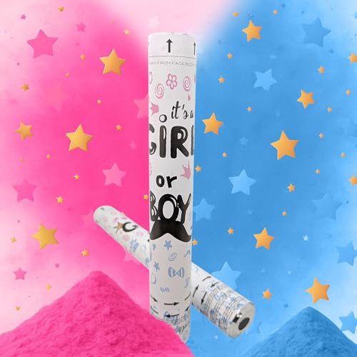 Lot de 2 canons à confettis pour fête de révélation de genre Sexe Mélange Rose et Bleu 40 cm - Canon Fête Révélation Sexe Bébé Fille Garçon Filles Garçons - Baby Shower Gender Reveal