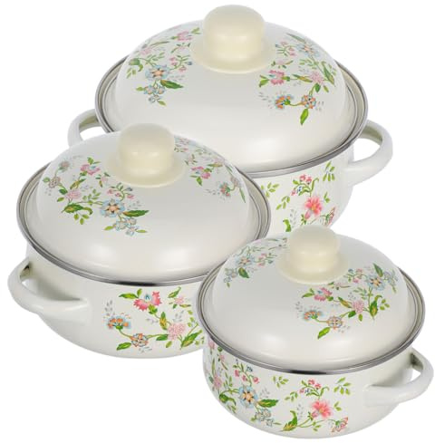 Toyvian Enamel Double Handle Stew Pot 3pcs Set Small Floral Simmer Pot with Lids Enameled Steel Stockpots for Home Kitchen Cooking and Ramen