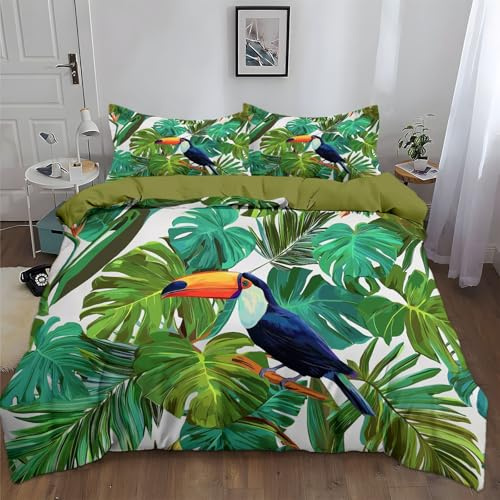 Housse de Couette Tropical Jungle Animal Toucan Feuilles Exotiques, Parure de Lit 140 x 200 cm avec Fermeture Éclair, Microfibre Douce Respirante, Ensemble de Literie pour Garçons Filles Enfants