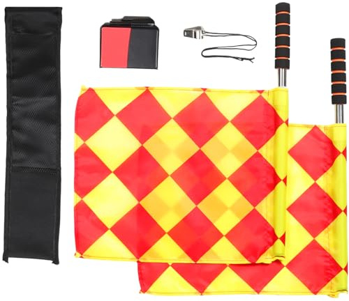 ROMISBABA Juego de Banderas de Árbitro de Fútbol Rojo y Amarillo con Silbato Metálico Banderas de Señalización de Tela Resistente y Mango Antideslizante Set Completo para Partidos y