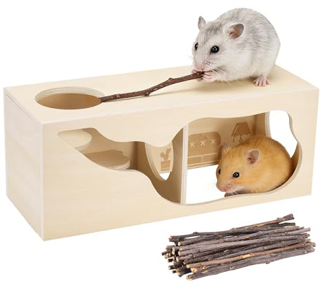 MICHIHOMIE Hamster Haus, Hamster Versteck aus Holz mit 50g Apfelbaumstab, Mehrkammernhaus Tunnel für Hamsters Rennmäuse, Meerschweinchen und andere Kleintiere