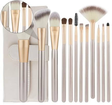 JECOMPRIS Set di Pennelli per Trucco 12 Pezzi in Nylon Bianco Riso Custodia, Kit Cosmetico Multifunzione per Occhi, Cipria, Sopracciglia, per Uso Quotidiano e Trucco Professionale
