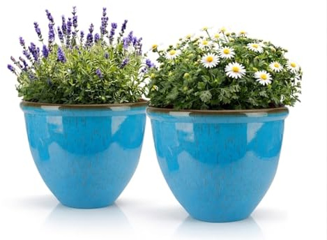 TRG 30cm Ceramic Look Plant Pot Set Of 2 – Large Glazed Indoor & Outdoor Planters, Modern Round Flower Pots for Patio, Balcony, Garden & Home Décor, Weather Resistant Decorative Planter - (Sky Blue)