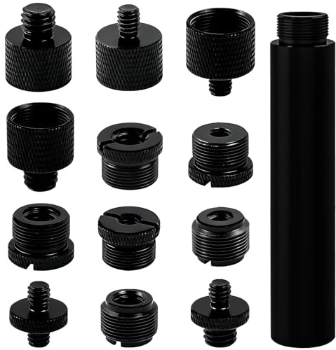 Juego de 13 adaptadores negros para soportes de micrófono (con tornillos y tubo de extensión de 6 pulgadas): adaptadores de soporte a 3/8, de 3/8 a 1/4 macho y de 1/4; gama completa de accesorios