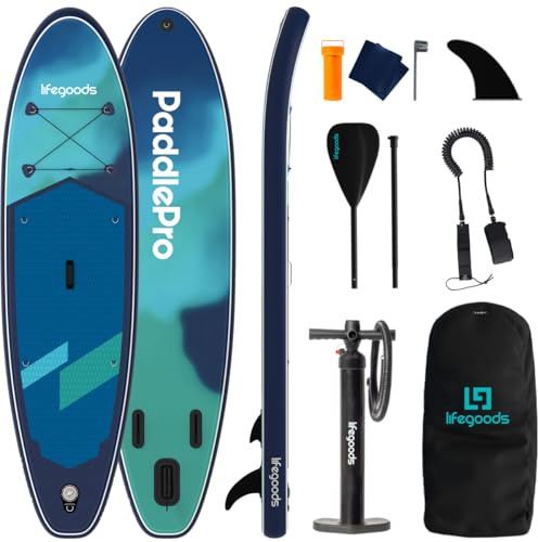 LifeGoods SUP Board Set - Aufblasbare Stand Up Paddling Board - Komplettes Set inklusive Zubehör und Verstellbares Padel - Geeignet für Anfänger und Fortgeschrittene - Bis 100KG - 320x81cm