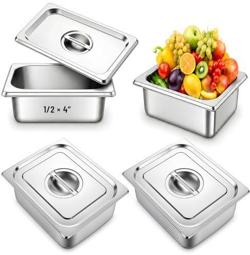 Set di 4 Contenitori Acciaio Inox per Alimenti GN 1/2, 26,5 x 32,5 x 10 cm, Contenitore Acciaio Inox per Alimenti con Coperchio, Impilabili, Adatti per Cotolette Carne Pesce Frutta Gelato Salsa