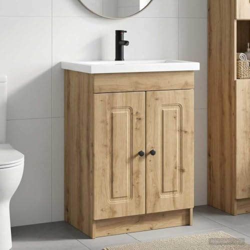 Caltucah Artisan Oak Bathroom Furniture Set with Washbasin and Faucet, 78.5 x 37.5 x 81 cm, Wood Composite, Black Metal Knobs, Storage Cabinet for Bathroom Renovation and Indoor Use