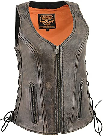 Milwaukee Leather Women's Distress Brown Leather V-Neck Motorcycle Rider Vest with Side Lace MLL4531 - X-Small