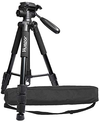 Huepar TPD14 143cm / 56 Treppiede per Livella Laser, Treppiede da viaggio Regolabile con Testina Flessibile a 3-vie, Piastra a Sgancio Rapido con Vite 1/4-20 e Dado Adattatore 5/8-11