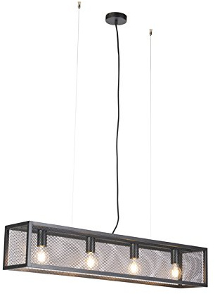 Qazqa Esstisch Industrie Pendelleuchte, Pendellampe - Cage_wire - Schwarz, Rechteckig, 4-flammig, 99.5cm, Ideal als Esszimmerlampe und Wohnzimmerlampe