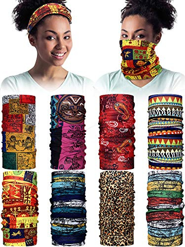 SATINIOR 8 Pieces African Face Cover Bandanas Boho Neck Gaiter Balaclava Head Wrap Scarf for Women, Multicoloured, Medium