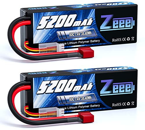 Zeee 2S Lipo 5200mAh 7,4V 80C RC Akku Hardcase mit T Stecker(2 Packungen) | RC Batterie für RC Evader BX Auto Car Truck LKW Truggy RC Hobby