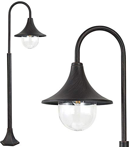 BAKAJI Farola victoriana clásica de jardín de aluminio lámpara brazo arqueado farol esférico color negro acabado envejecido bronce IP44 E27 (1 luz 120 cm)