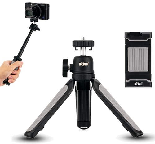 KIWIFOTOS 2IN1 Telescopic Handgrip & Mini Tripod Stand with Smart Phone Clip, Camera/Phone Hand Grip Handheld Selfie Stick for Compact Cameras, DSLR, Phone, Gopro, Osmo Action Sports Cameras
