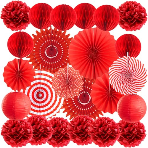 SUNBEAUTY 24 Stück Rot Dekoration Pompoms Wabenbälle Papierfächer deko für Geburtstag Hochzeit Muttertag Feier Valentinstag Christmas Party