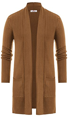 PJ Paul Jones Cardigan Long Ouvert sur Le Devant en Tricot côtelé avec Poches pour Homme, Marron, Taille L