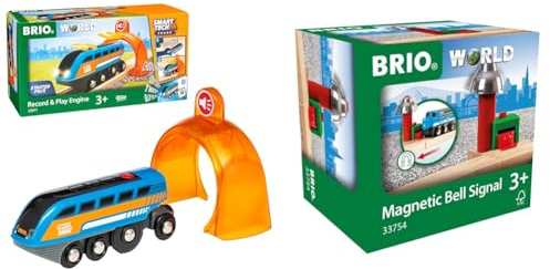 BRIO World 33971 Smart Tech Sound Lok mit Aufnahmefunktion Elektrischer Zug & World 33754 - Magnetisches Glockensignal – Eisenbahnzubehör Holzeisenbahn