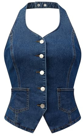 Allegra K Denim Vest for Women's Halter Neck Button Down Backless Jean Waistcoat Dark Blue XL