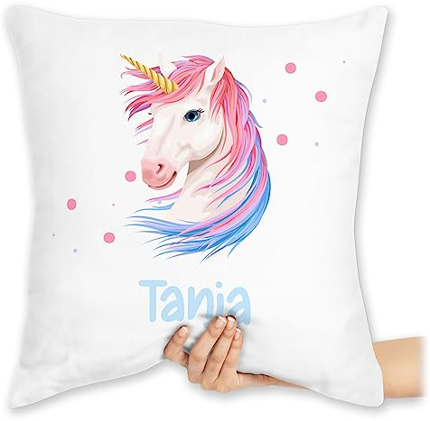 Kissen 40x40 Zierkissen - Einhörner - Geschenk Einhorn mit Name personalisiert I Unicorn - 40 x 40 cm - Weiß - einhornkissen Unicorns Einhorn-Kissen einhörnern kuschelkissen personalisierter