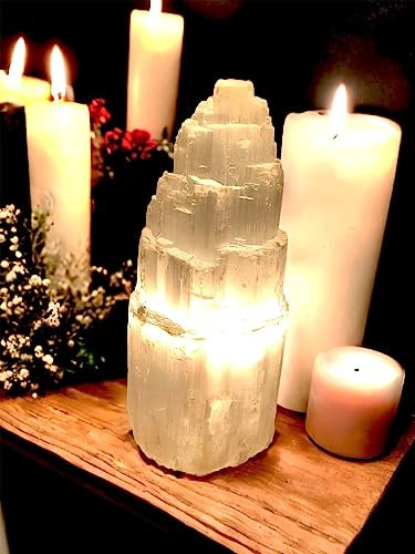 4All Selenite Crystal Lamp Handmade Natural White Selenite Tower Lamp Spiritual Healing Cleanse and Recharge Crystals Table Lamp Meditation Mineral Decoration Gift (25 cm)