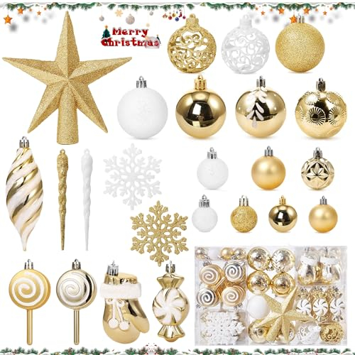 130 Stück Weihnachtskugeln Gold,Kunststoff Weihnachtsbaumkugeln Box mit Aufhänger,Christbaumkugeln Glitzer,Christbaumkugeln Kunststoff,Weihnachtsbaumschmuck Set,Weihnachtsbaumschmuck und -schmuck