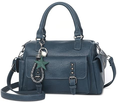 SODOLLEE Sac à Main Femme Sacs à Bandoulière avec Pendentif Exquis Rétro Sac Portés Main PU Cuir Sac Fourre Tout Dames pour Voyage Fête Achats Bleu