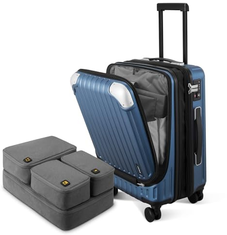 LEVEL8 Koffer Trolley Handgepäck mit 4er Organizer-Set, Handgepäck Koffer mit Laptopfach, Leicht ABS+ PC Rollkoffer Reisekoffer Erweiterbar, TSA, 4 Rollen, 55 cm, 36-42 Liter, Blau