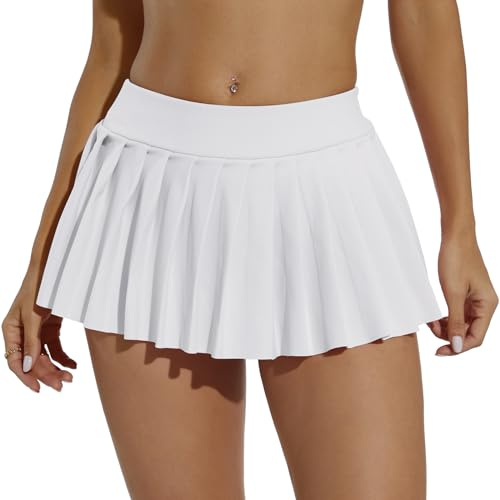 Eisnnu Minifalda Mujer Sexy Ultra Corta Elástica Cintura A Línea Plisada Para Animadora, Danza, Estilo Universitario (Blanco, L)